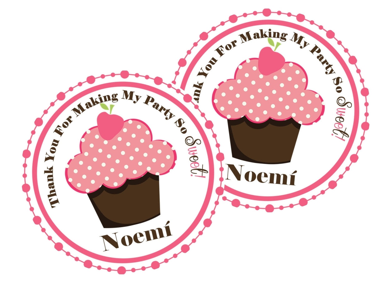 Pink polka dot cupcake birthday sticker with strawberry