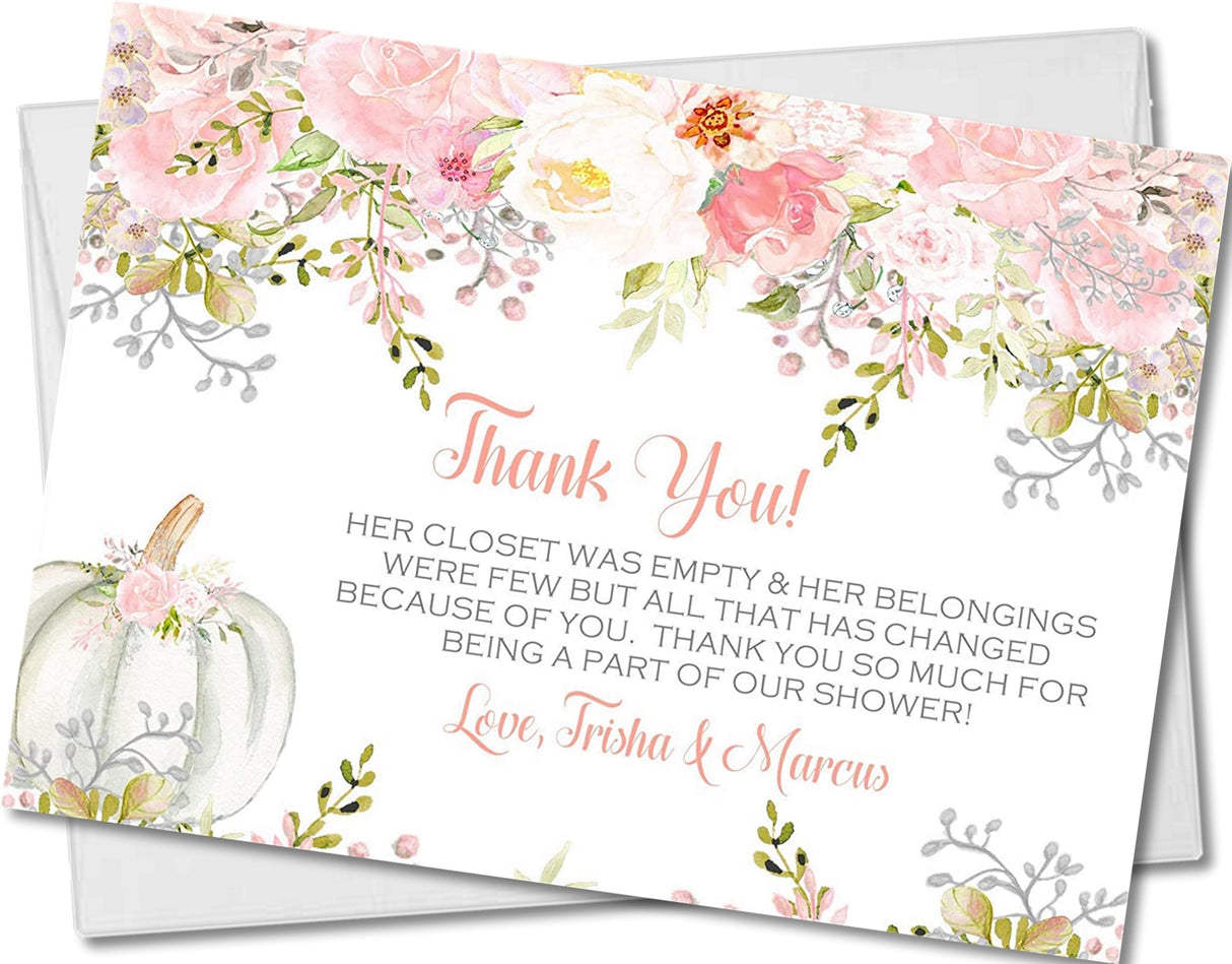 Pink pumpkin baby shower thank you cards