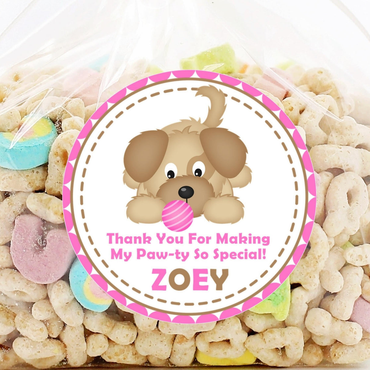 Pink puppy dog birthday sticker with pink ball