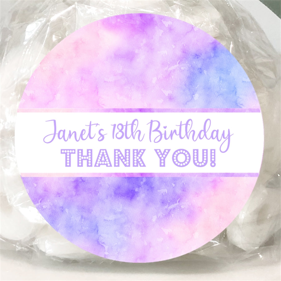Pink purple birthday sticker with thank you message in tie dye style