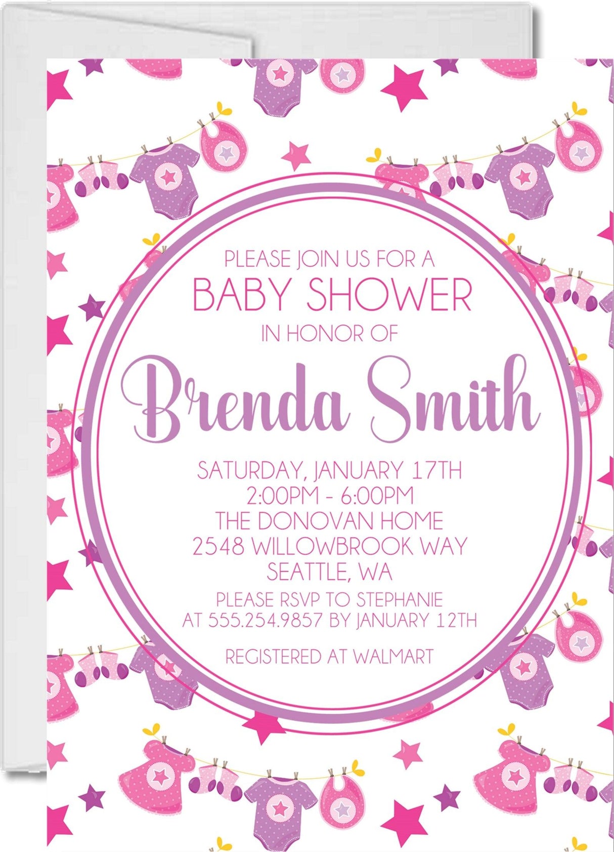 Pink purple clothesline baby shower invitations hanging baby clothes design