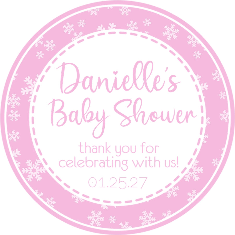 Pink snowflake baby shower stickers