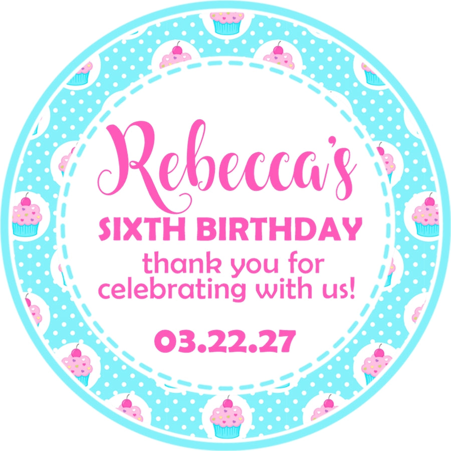 Pink turquoise cupcake birthday party stickers