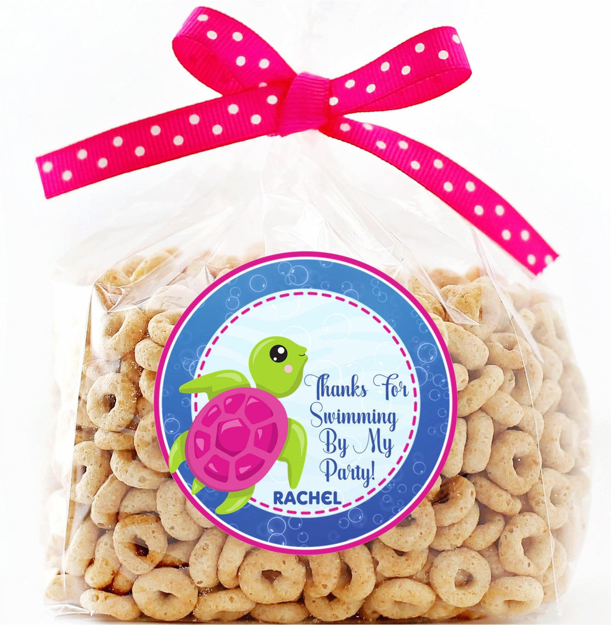 Pink turtle birthday sticker with blue dotted border