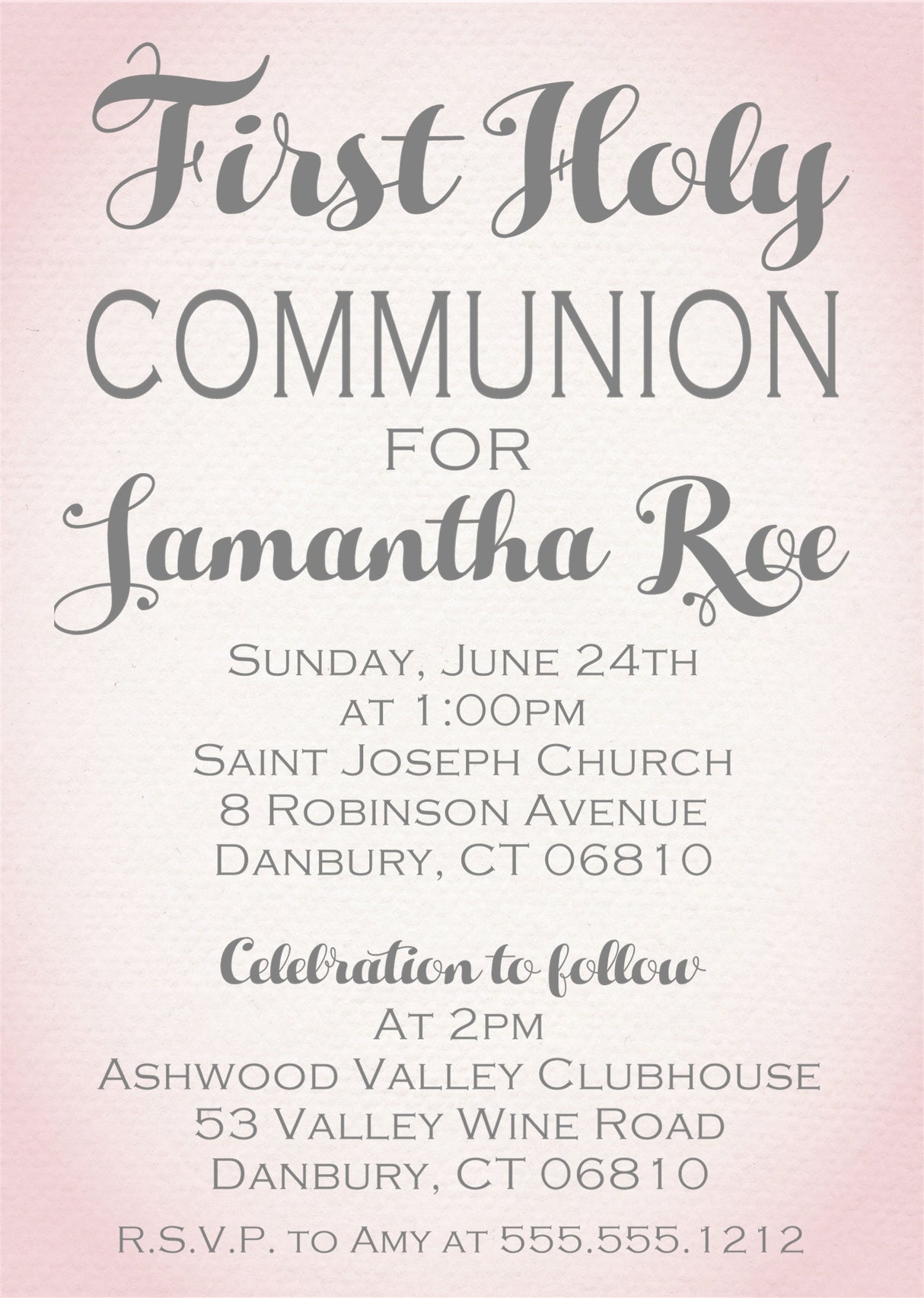 Pink watercolor First Holy Communion invitation with elegant script wording