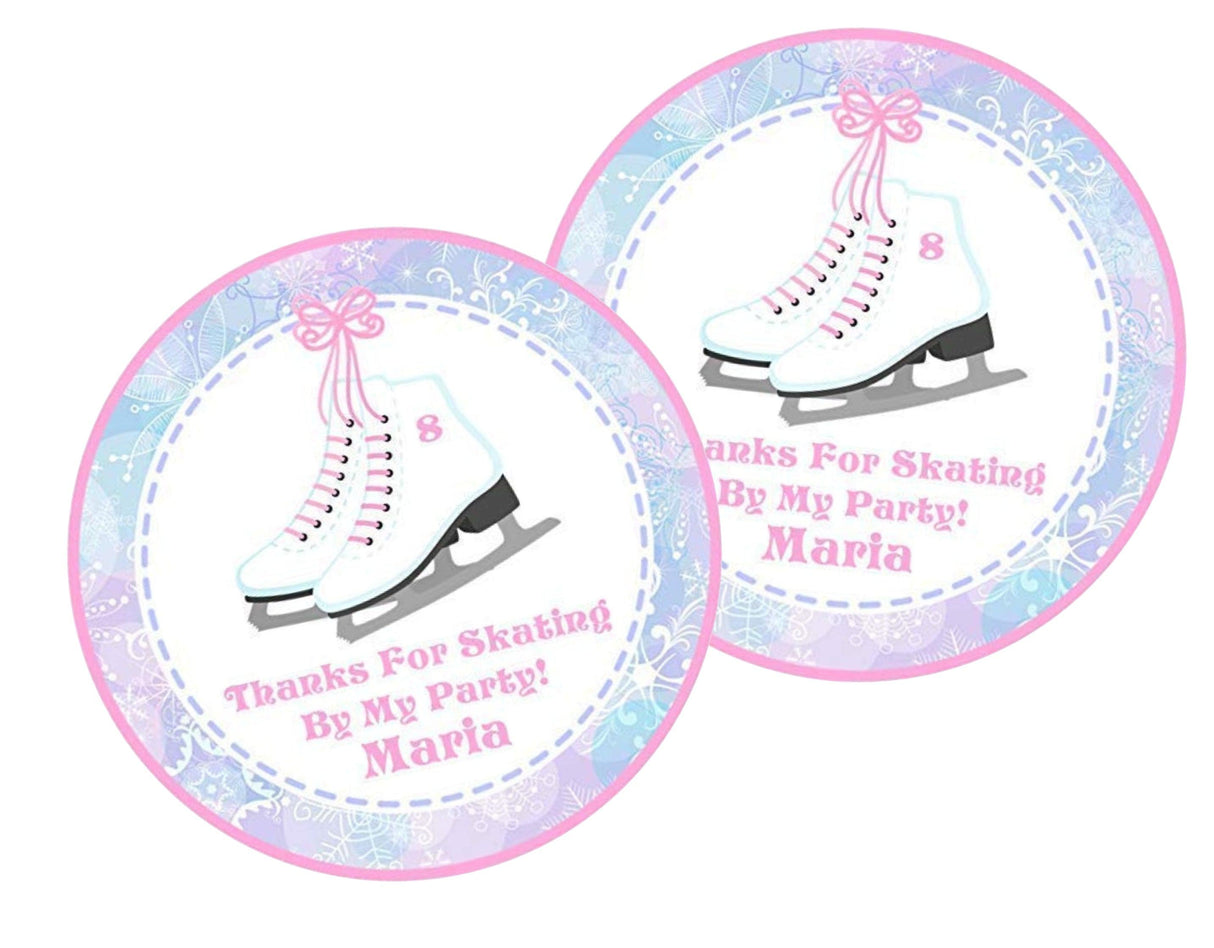 Pink winter ice skating birthday sticker with custom name