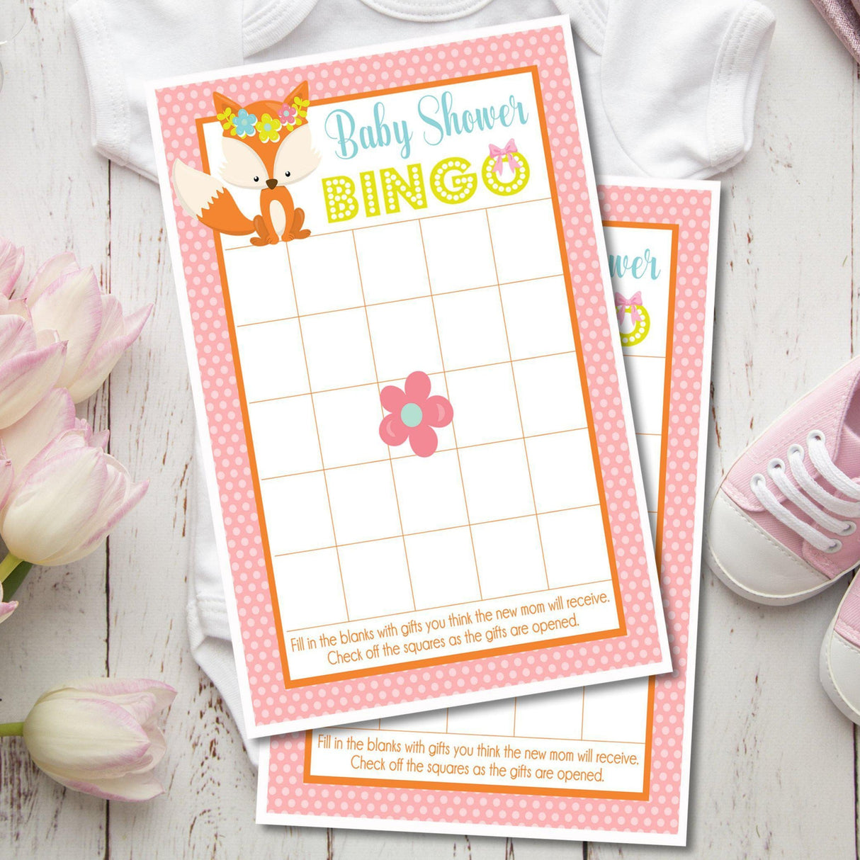 Pink woodland fox baby shower bingo printable game