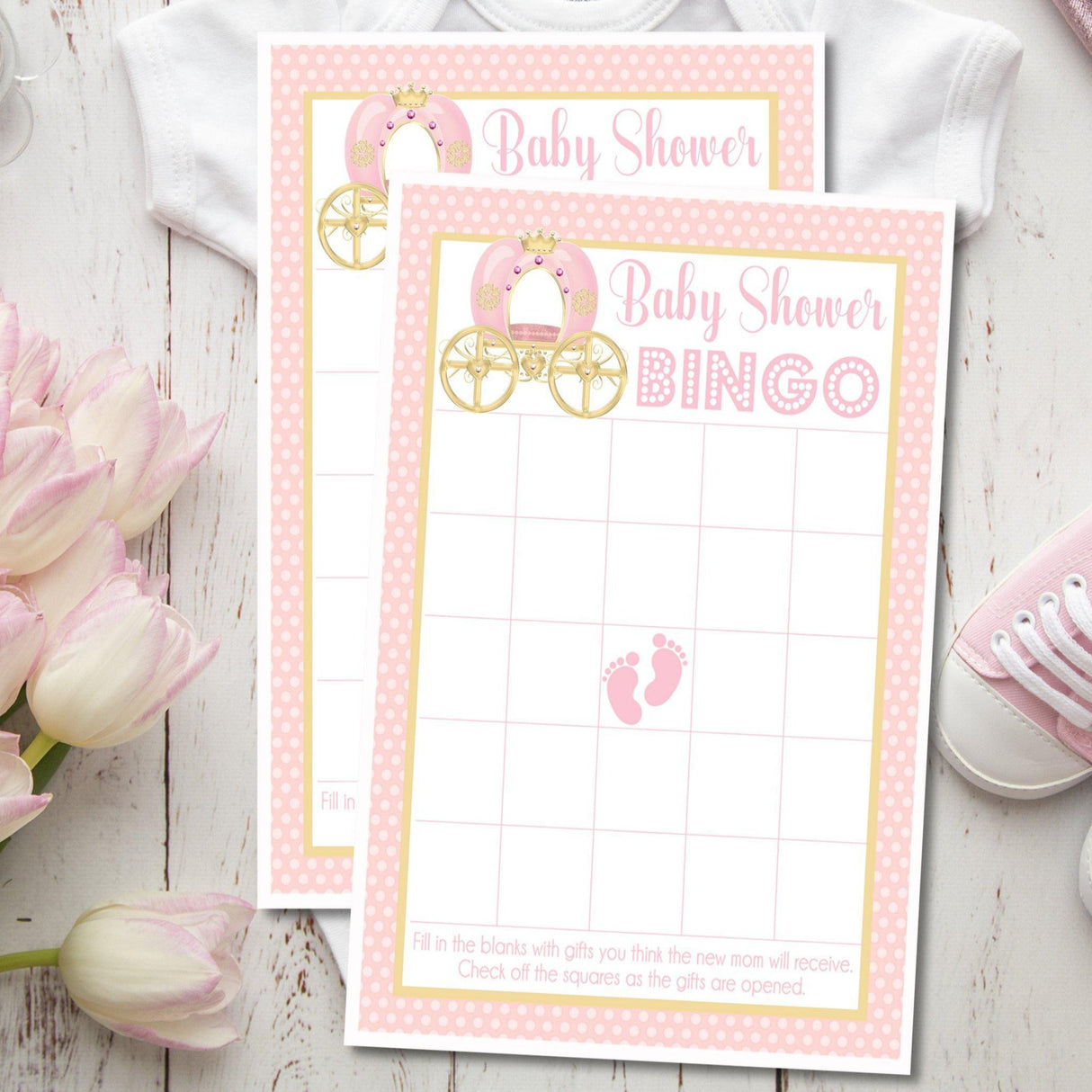 Princess baby shower bingo printable with pink royal carriage