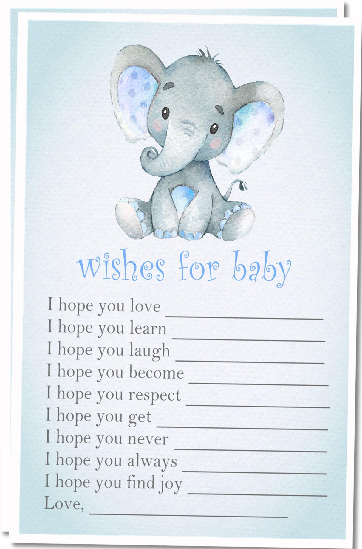 Printable Blue Elephant Baby Shower Wish Cards