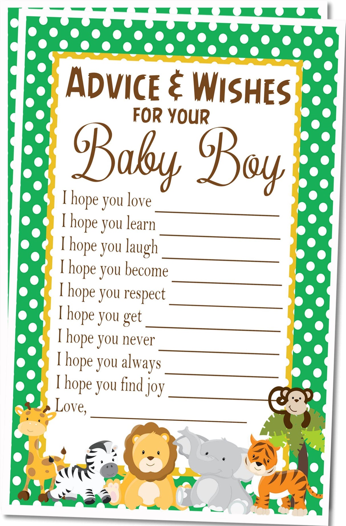 Printable Safari Animals Advice & Wishes for Baby Cards