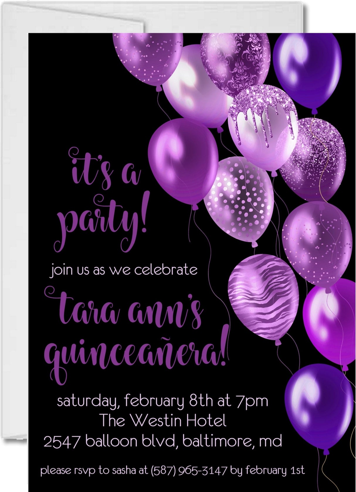 Purple And Black Balloon Quinceanera Invitations