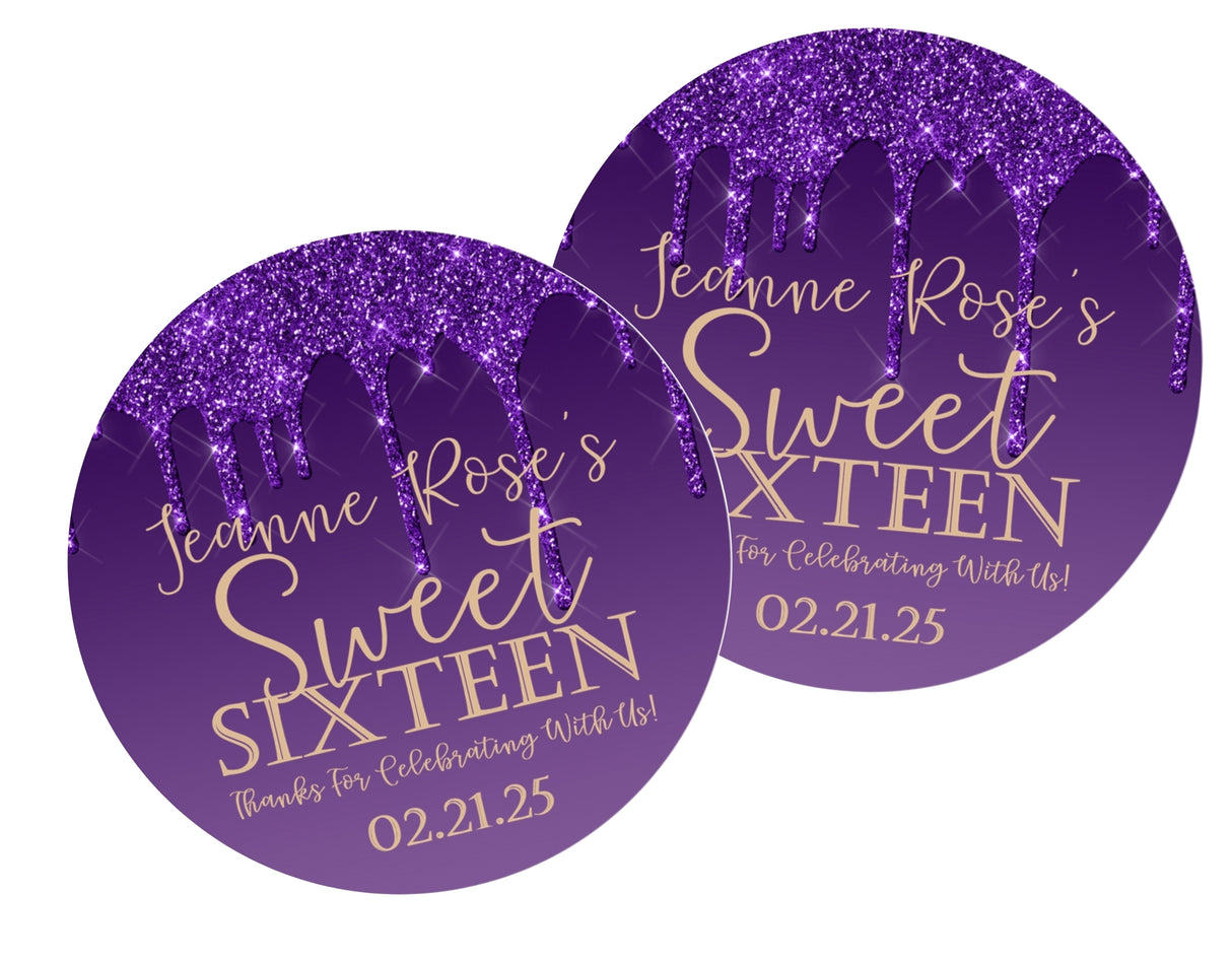 Purple and gold Sweet 16 birthday favor sticker
