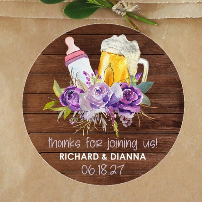 Purple beer and bottle baby shower stickers on rustic background