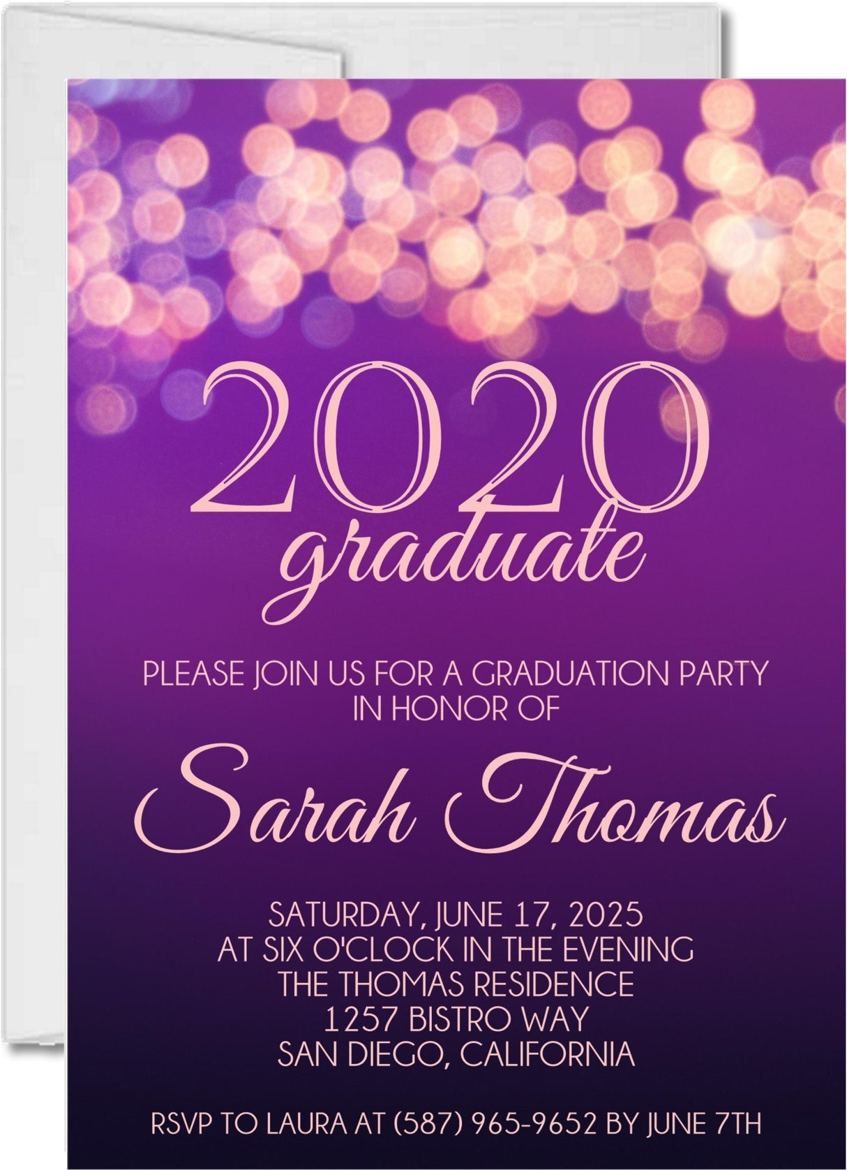 Purple bistro lights graduation invitation