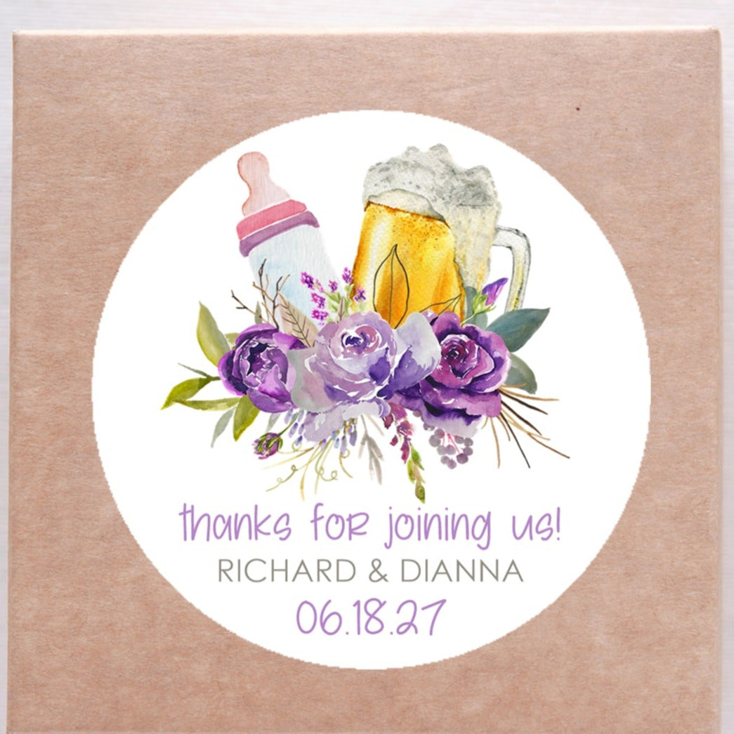 Purple bottles and beer baby shower favor stickers