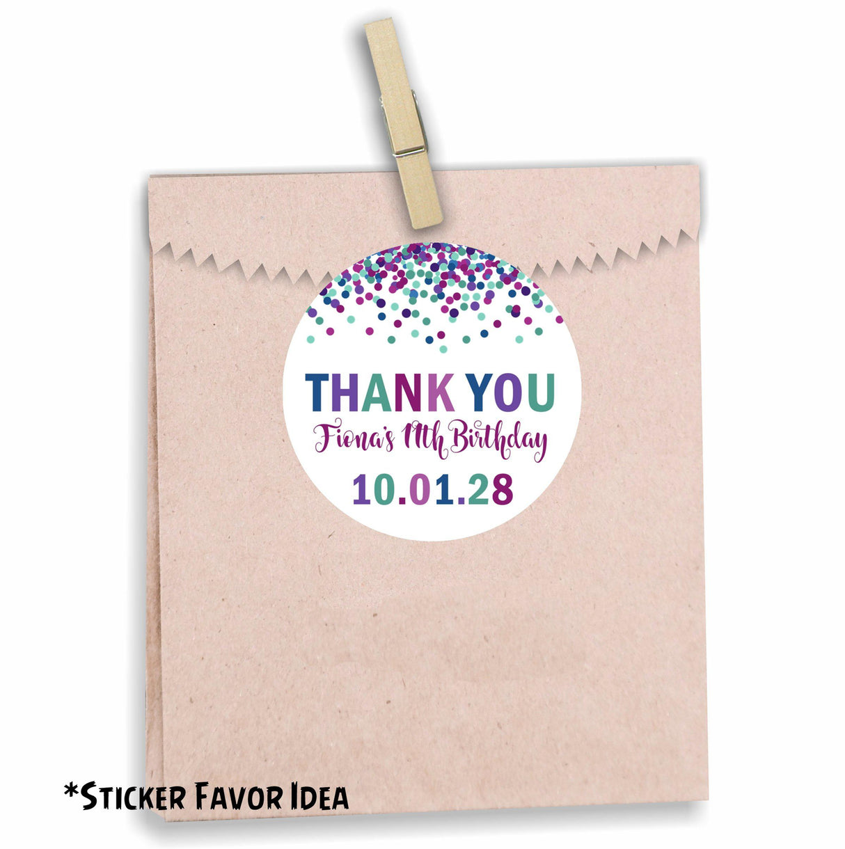 Purple confetti birthday stickers