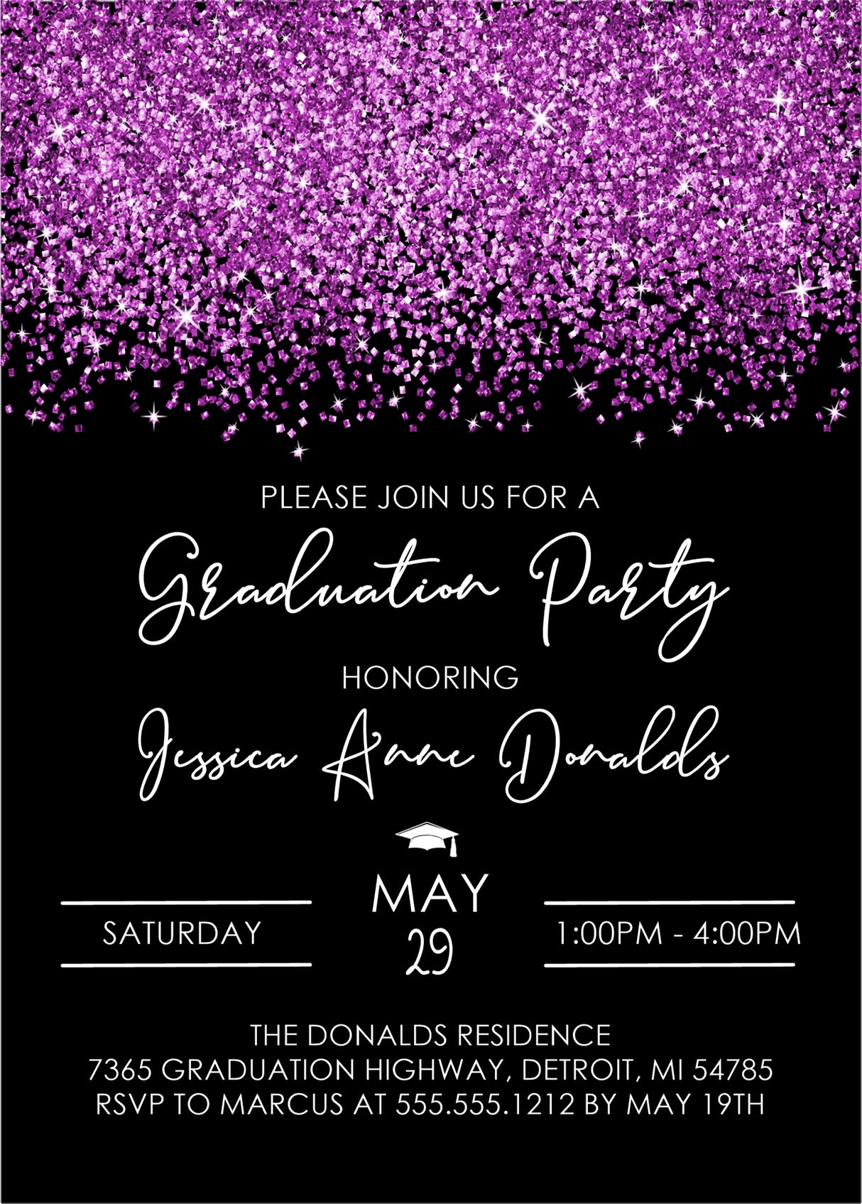 Purple graduation party invitation with confetti design on black background
