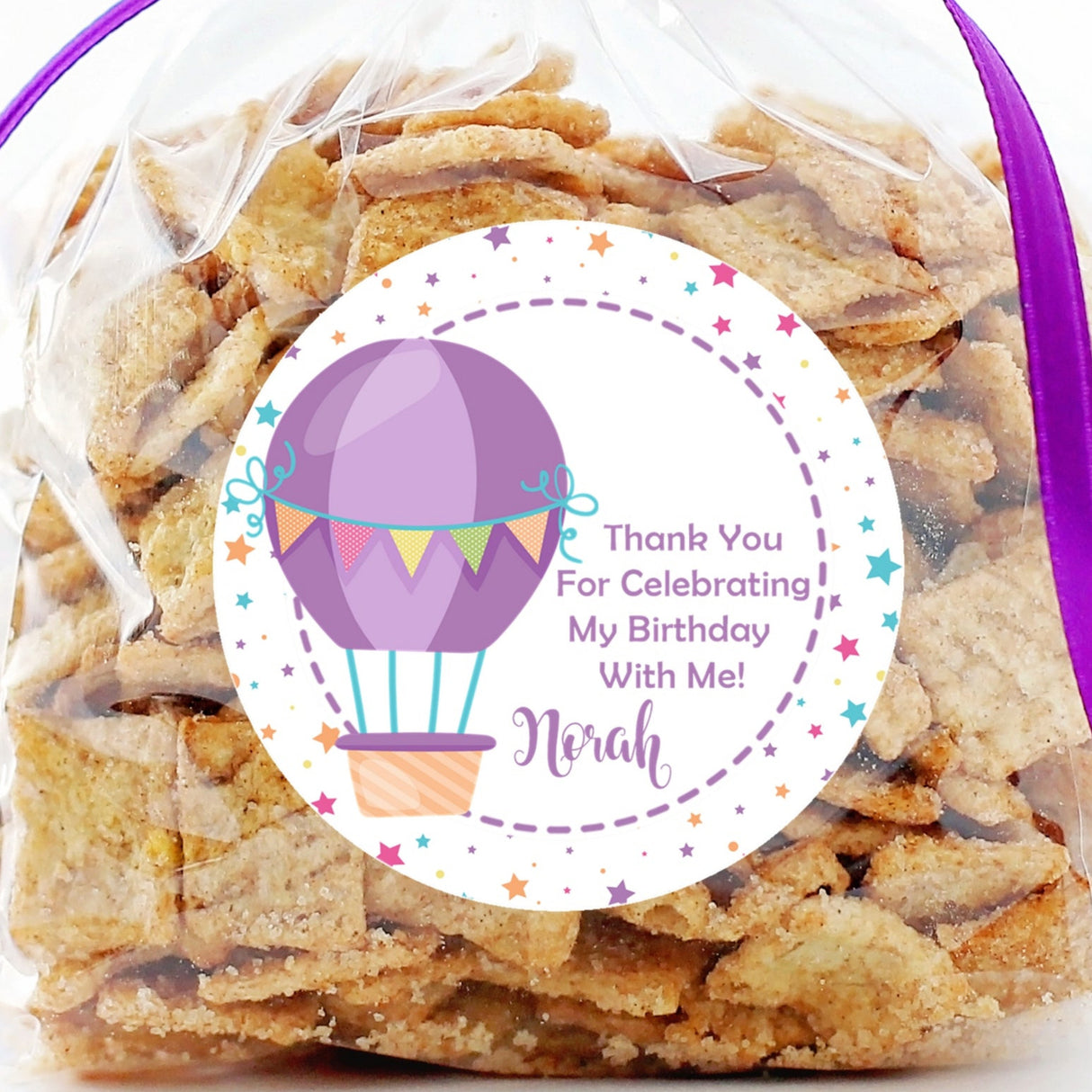 Purple hot air balloon birthday sticker with stars