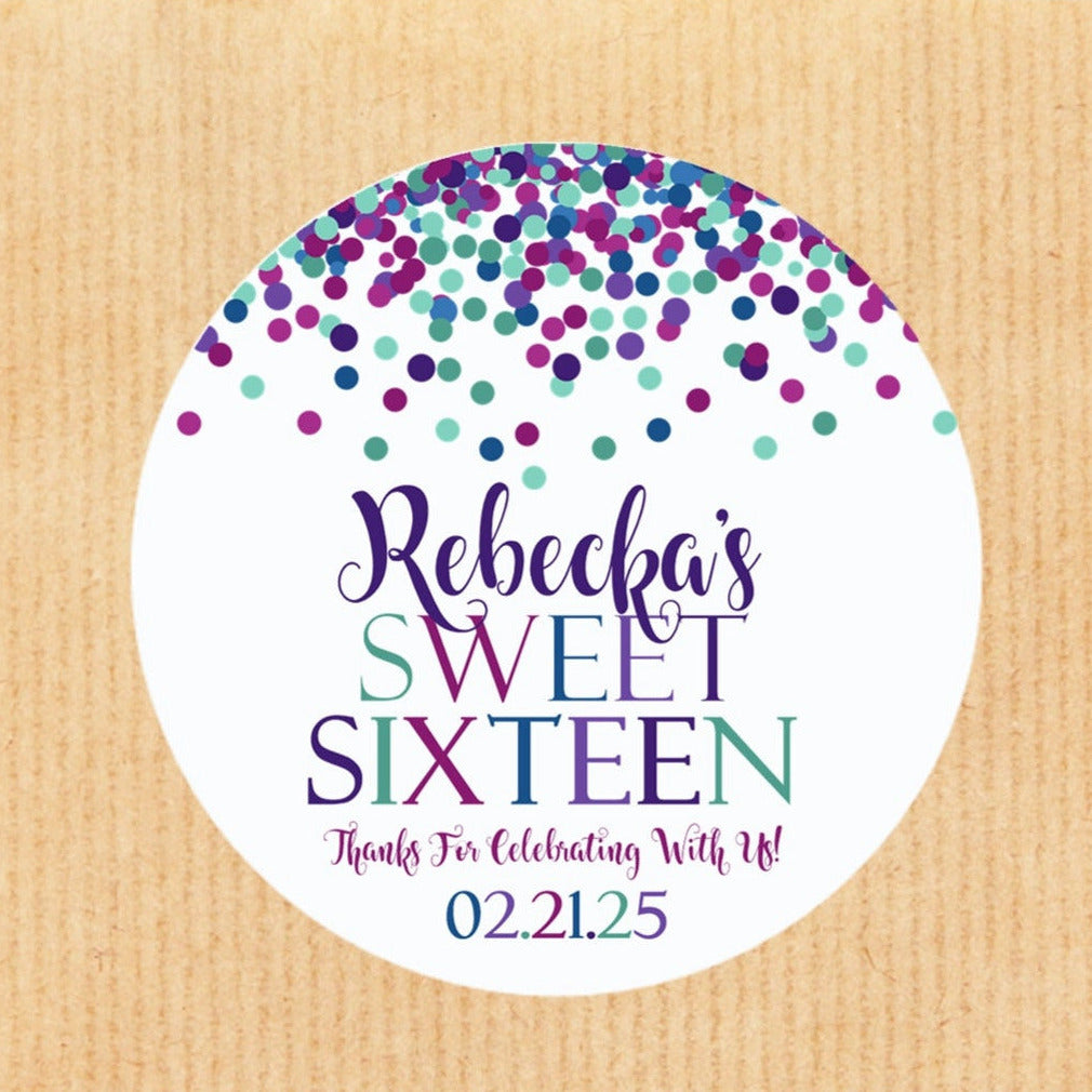 Purple teal confetti Sweet 16 personalized sticker
