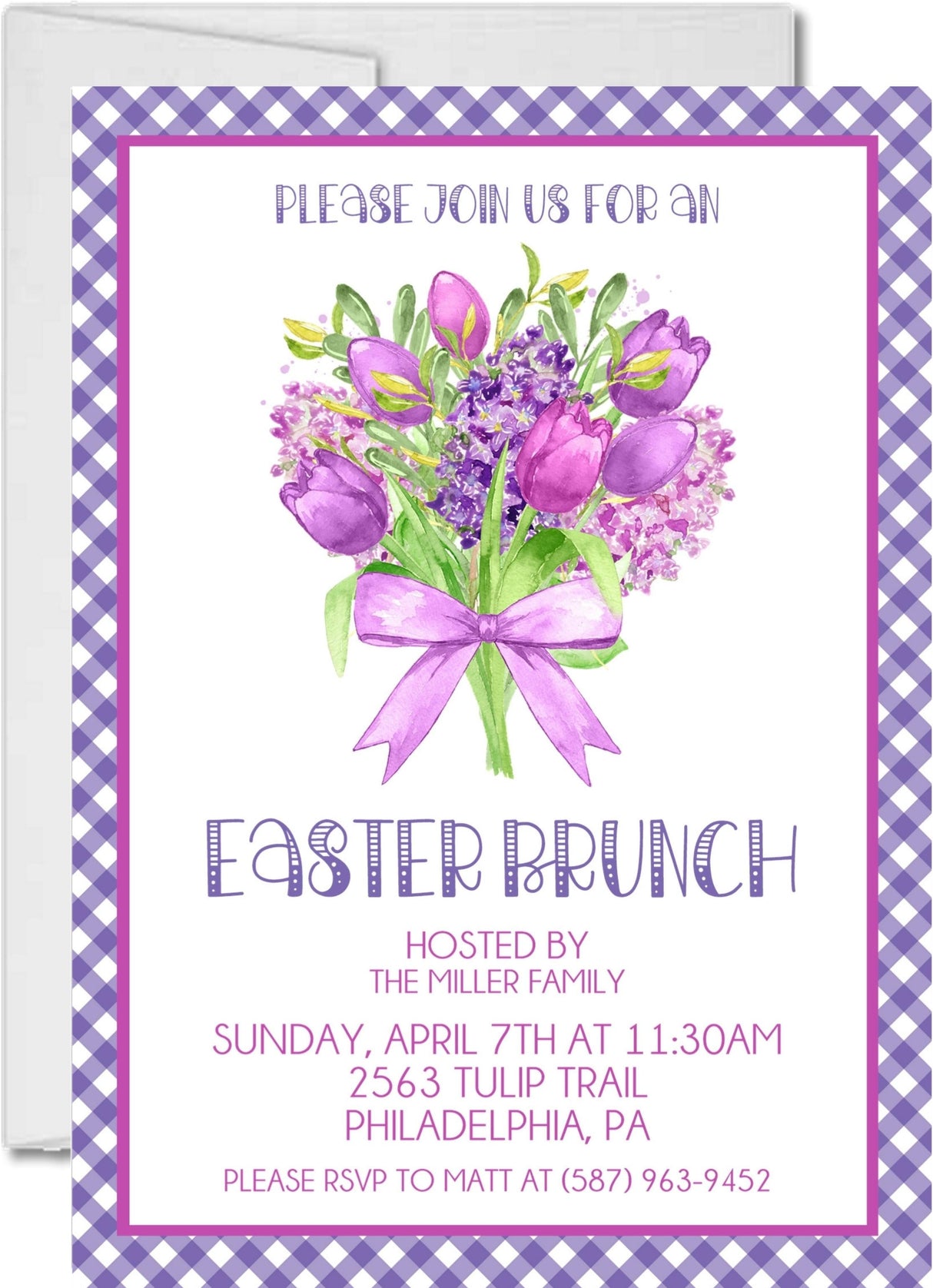 Purple tulip Easter brunch invitation with gingham border