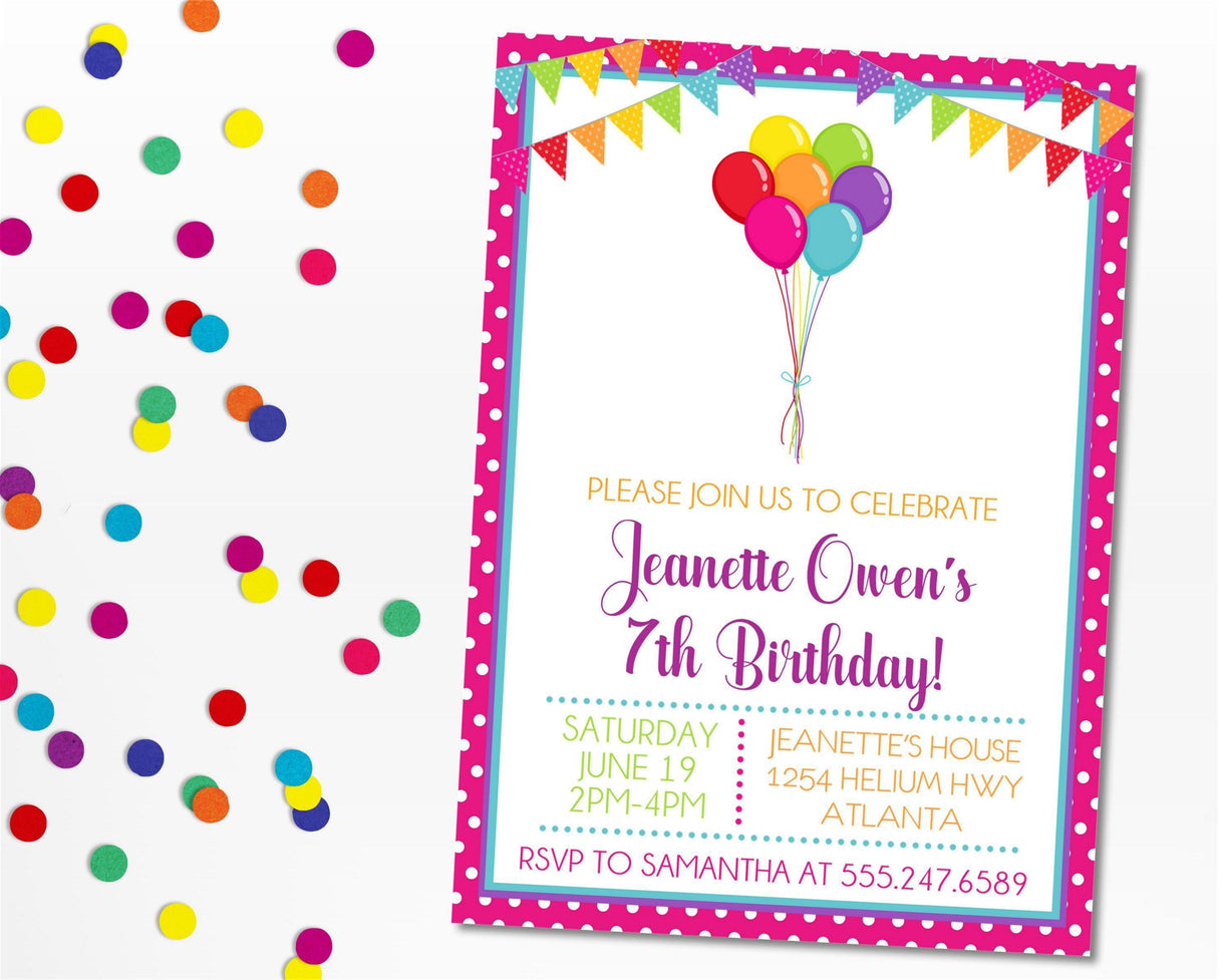 Rainbow Balloon Birthday Party Invitations
