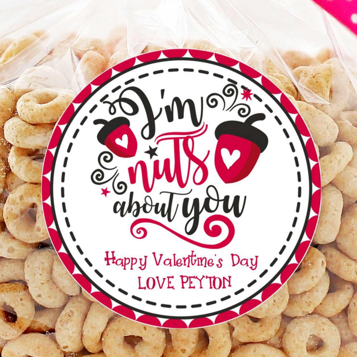 Red and black acorn Galentine sticker label