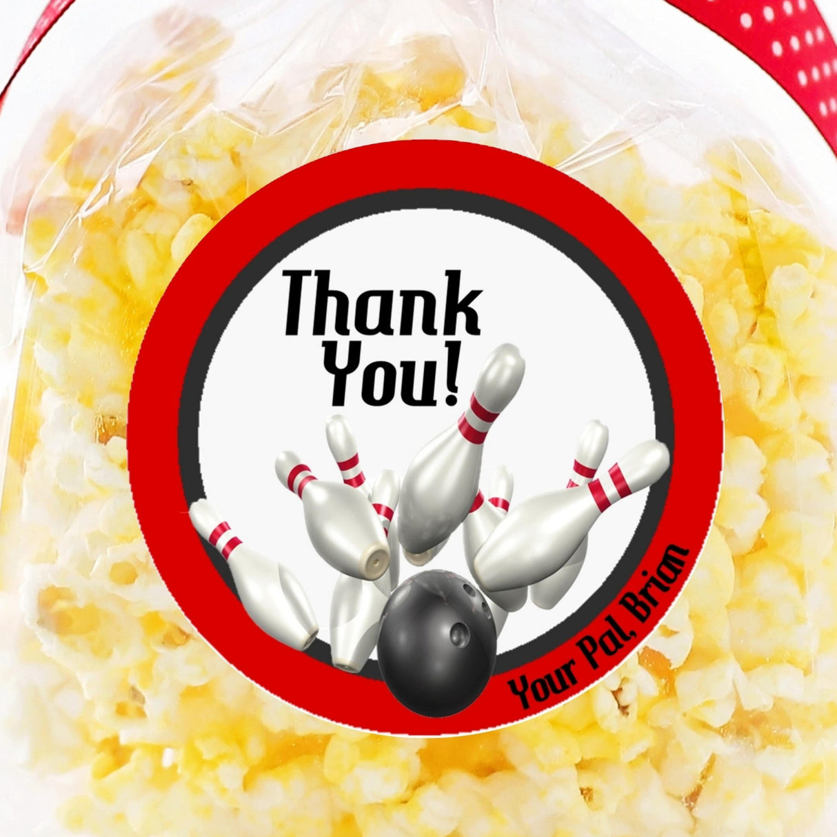 Red and black bowling birthday sticker with personalized name