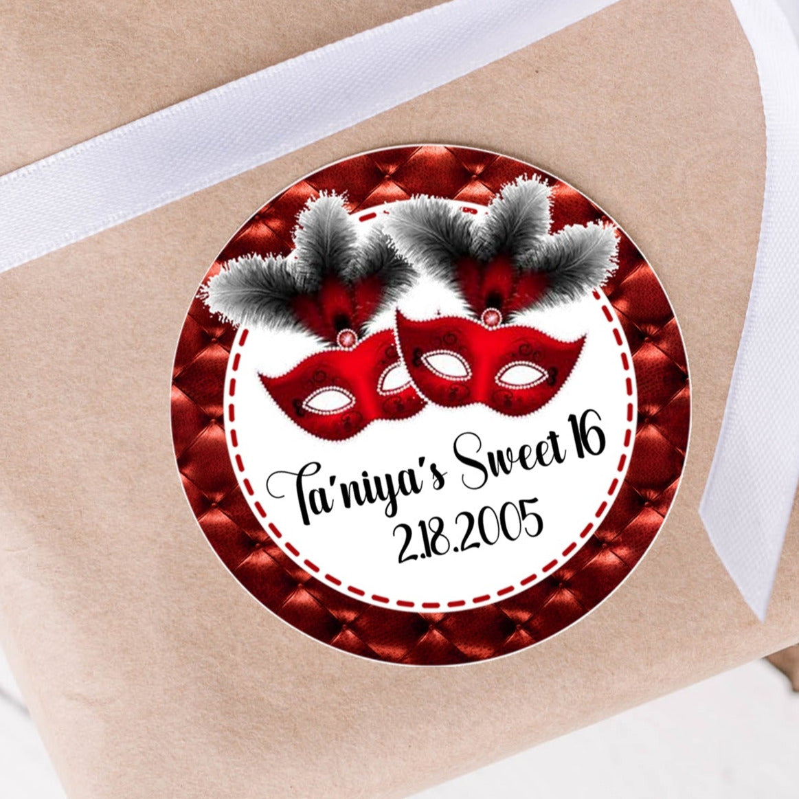 Red and black tufted masquerade Sweet 16 sticker with printed glitter edge