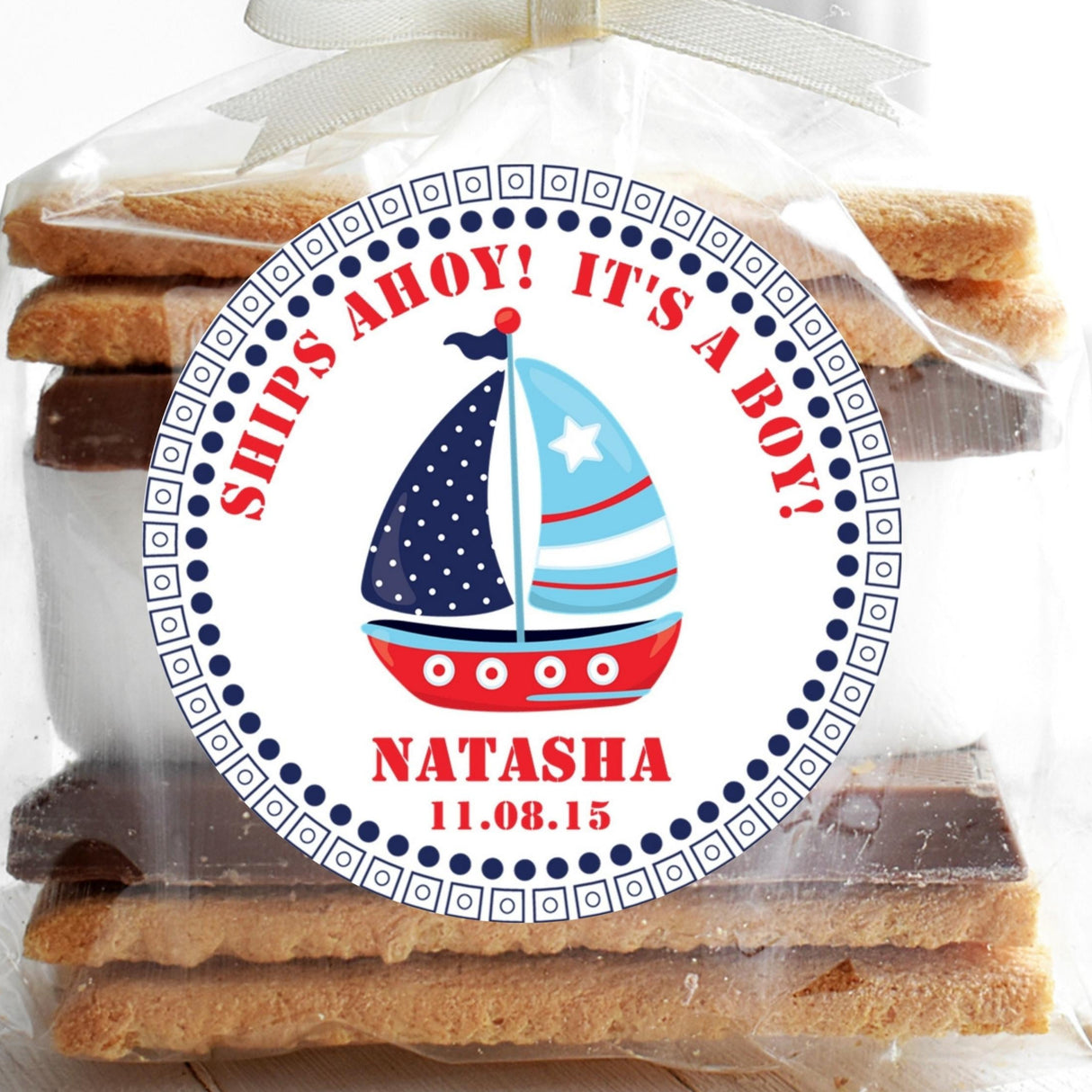 Red and blue sailboat baby shower sticker