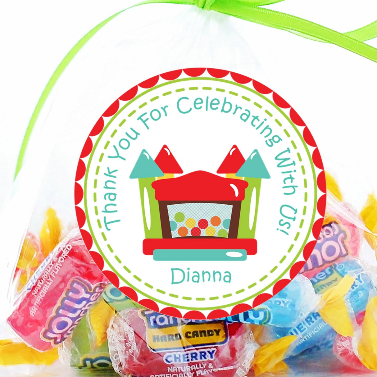 Red and teal bounce house favor sticker