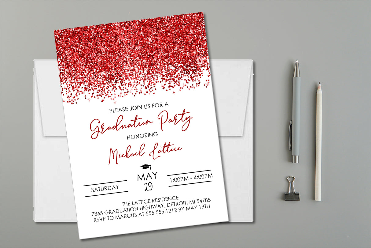 Red glitter graduation party invitation with confetti design on white background