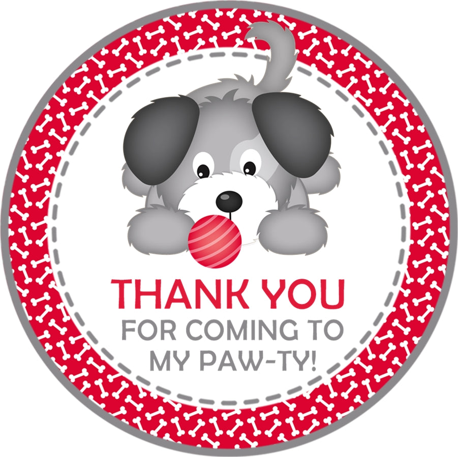Red grey puppy dog birthday party sticker favor label