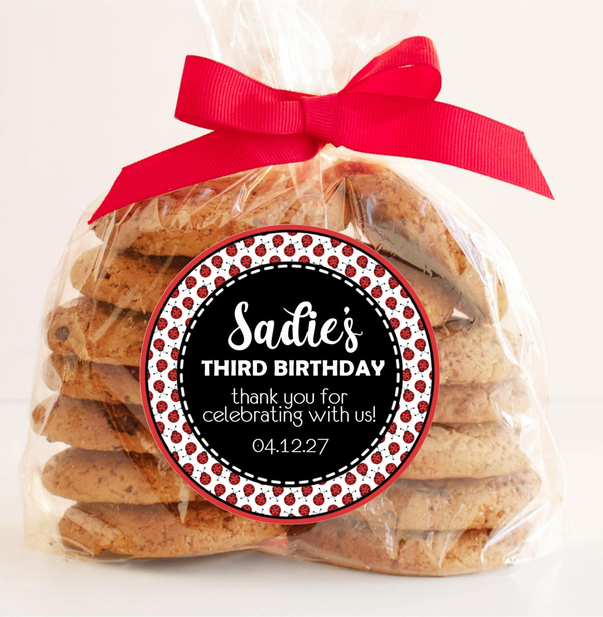 Red ladybug birthday sticker for treat bags