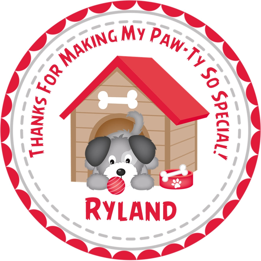 Red personalized puppy birthday sticker with name and pawty message