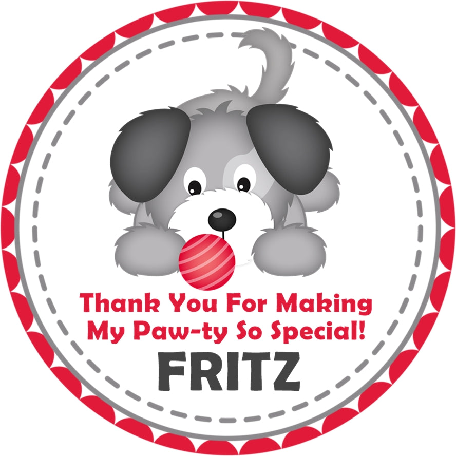Red puppy birthday sticker with name and pawty message