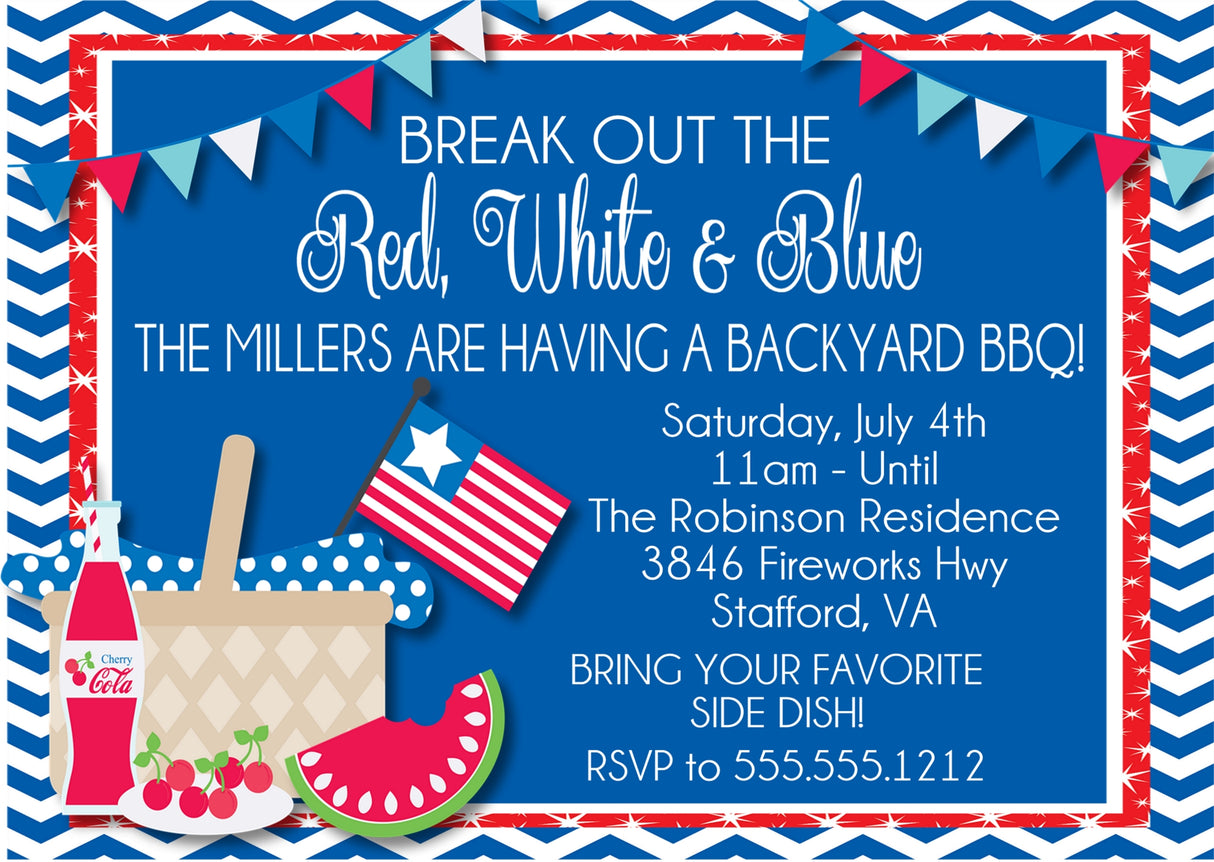 Red white and blue backyard BBQ July 4th invitation
