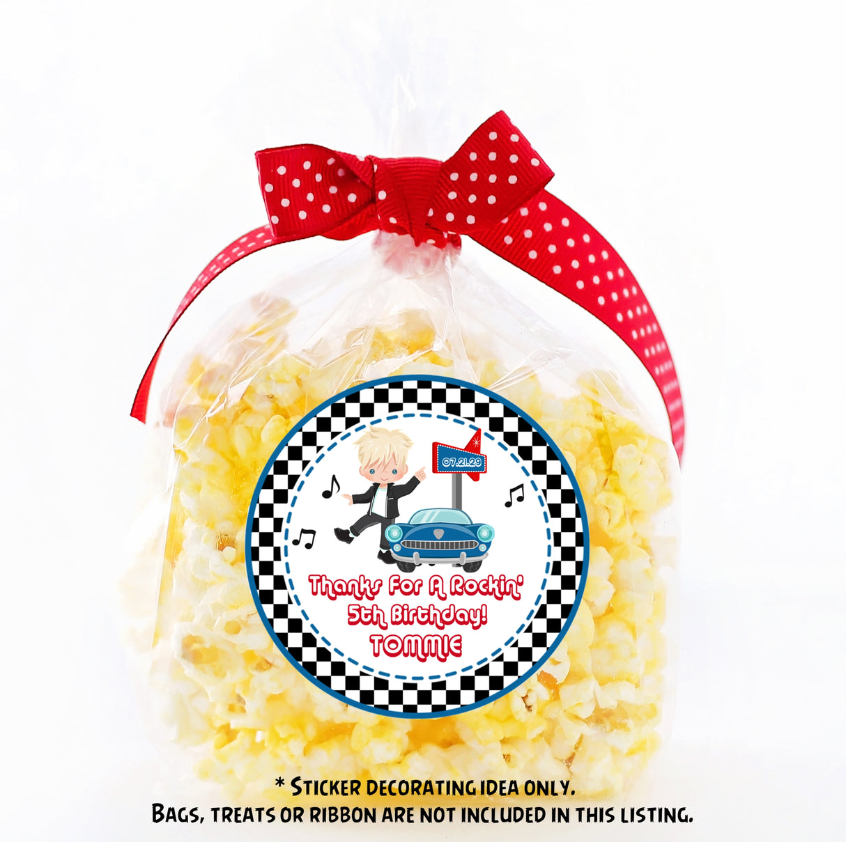 Retro boy birthday sticker with music theme and custom name