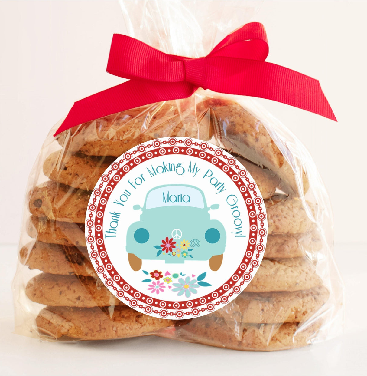 Retro flower power birthday sticker with name Maria