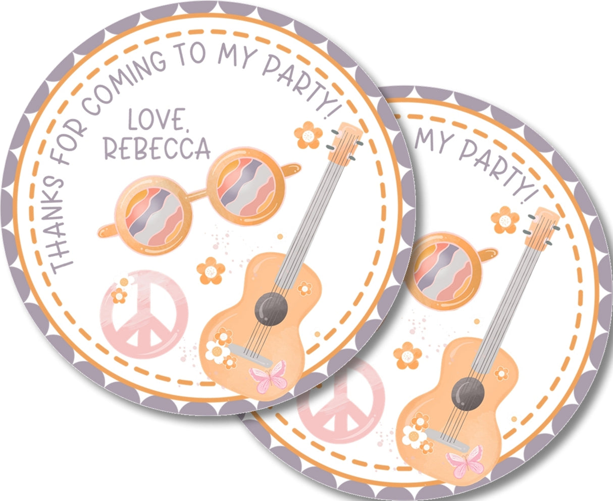 Retro sunglasses and acoustic guitar favor label design