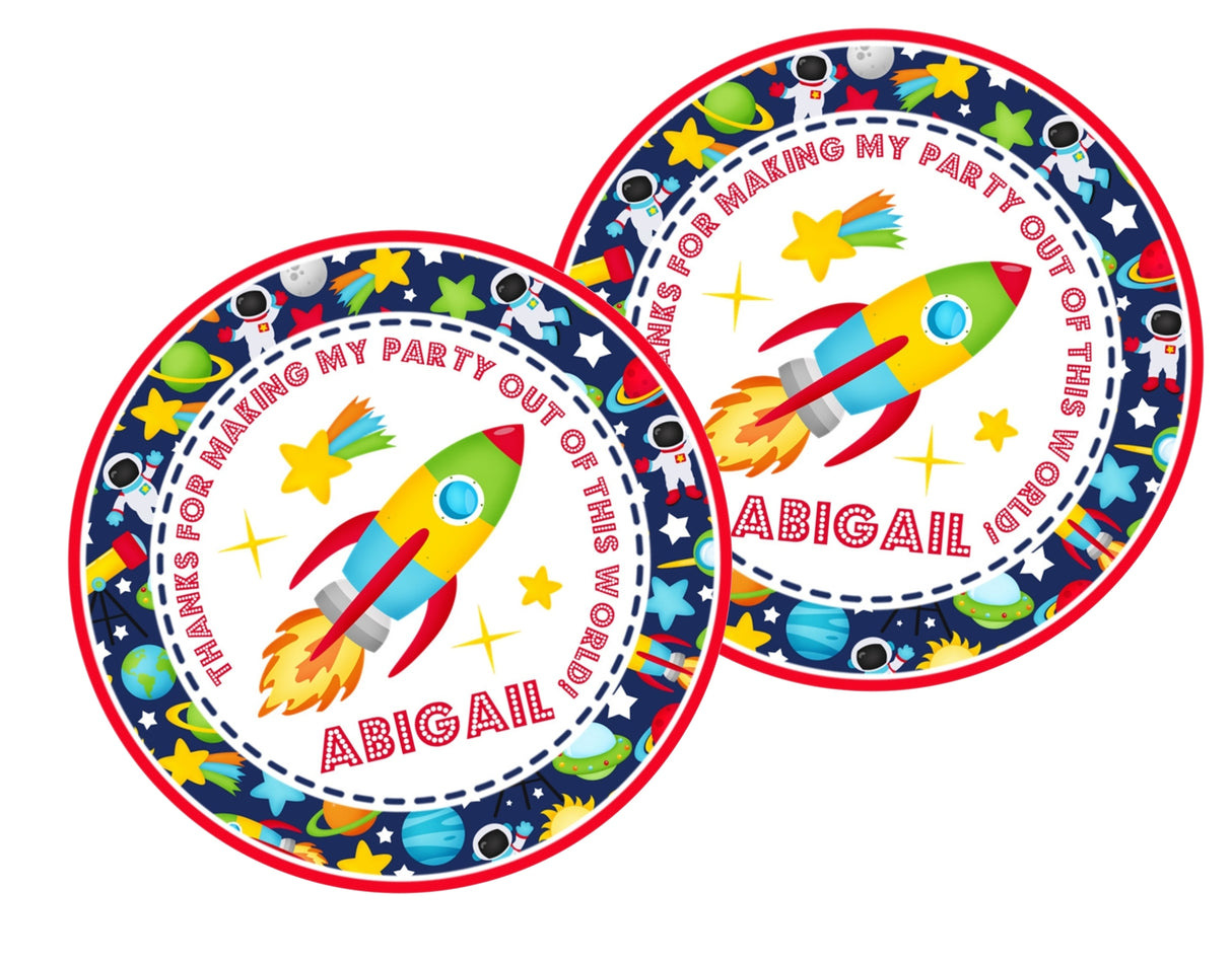 Rocket ship galaxy theme party favor label