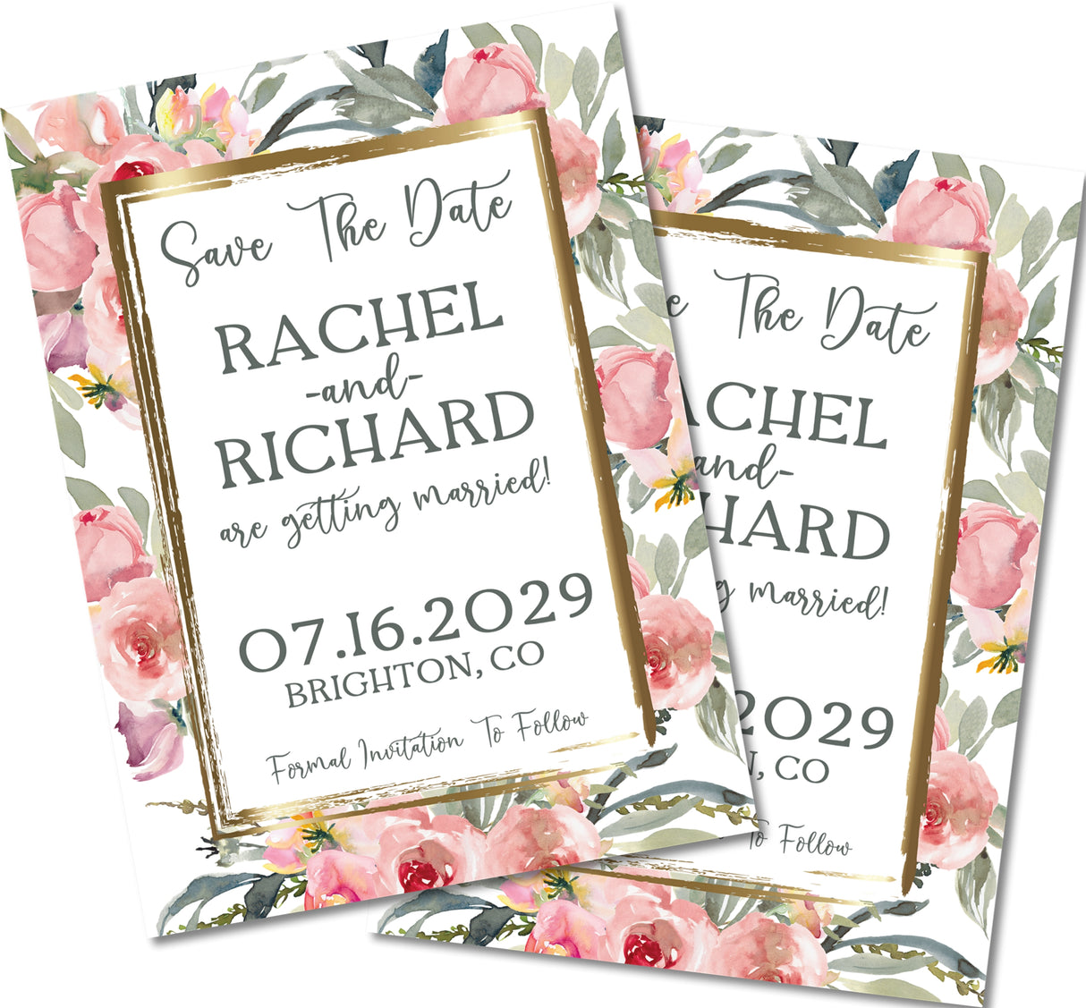 Romantic watercolor floral save the date announcement with names, wedding date, and location.
