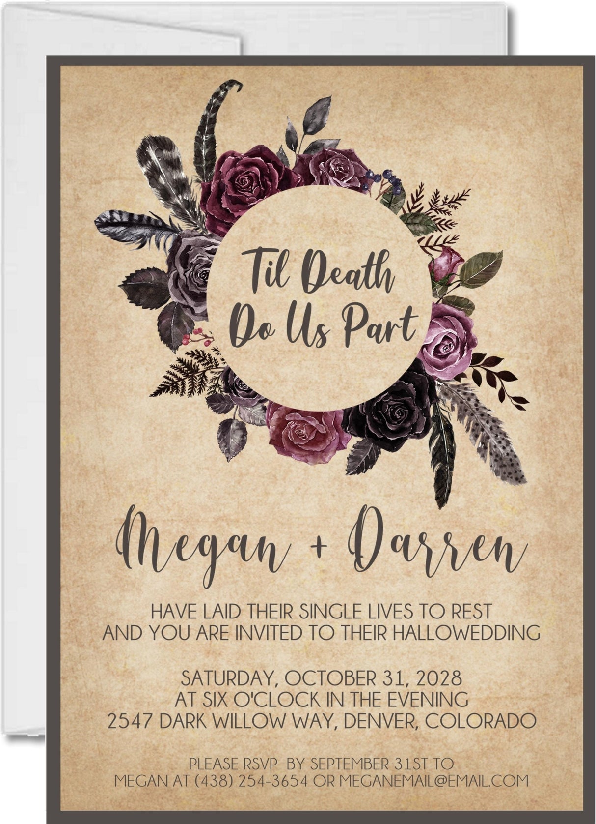 Romantic wedding invitation with dark floral accents and elegant vintage styling