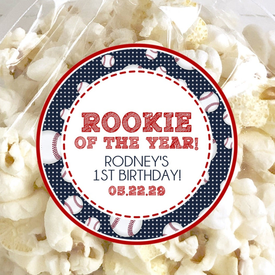 Rookie of the Year baseball birthday sticker in navy and red