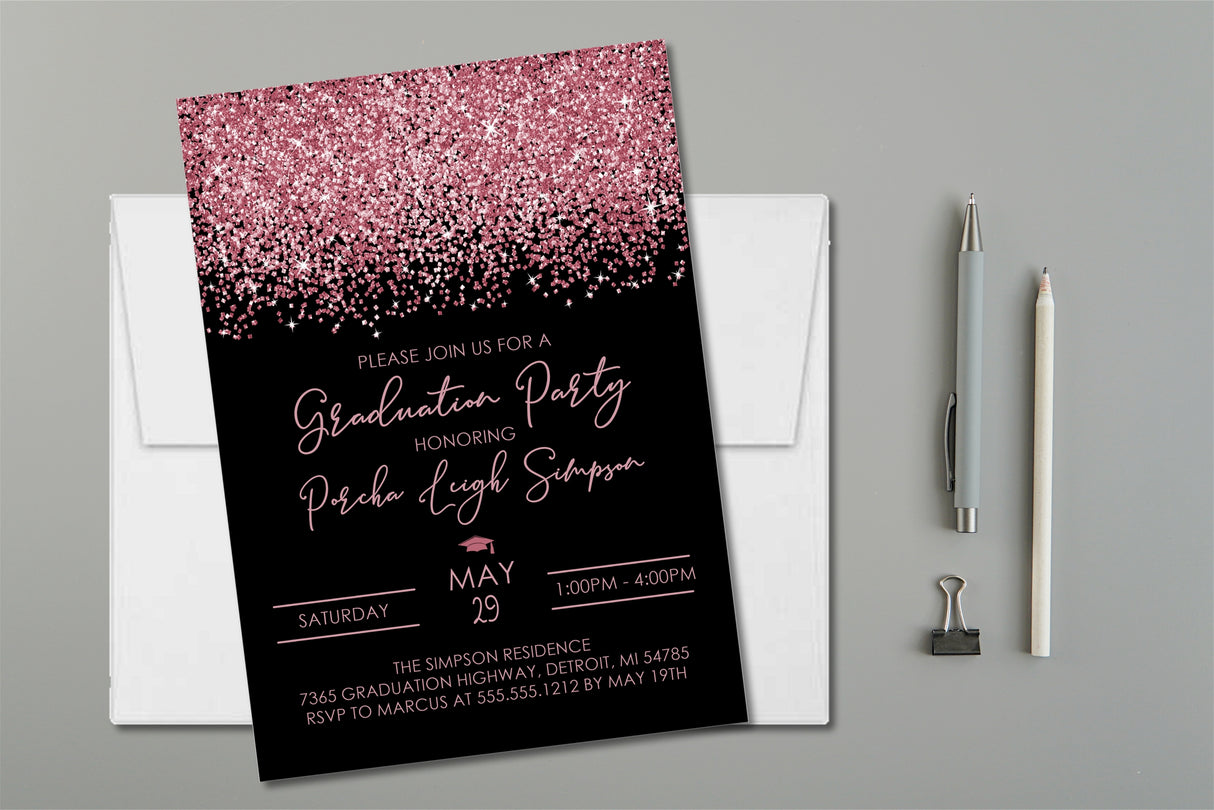 Rose gold confetti graduation party invitation on black background