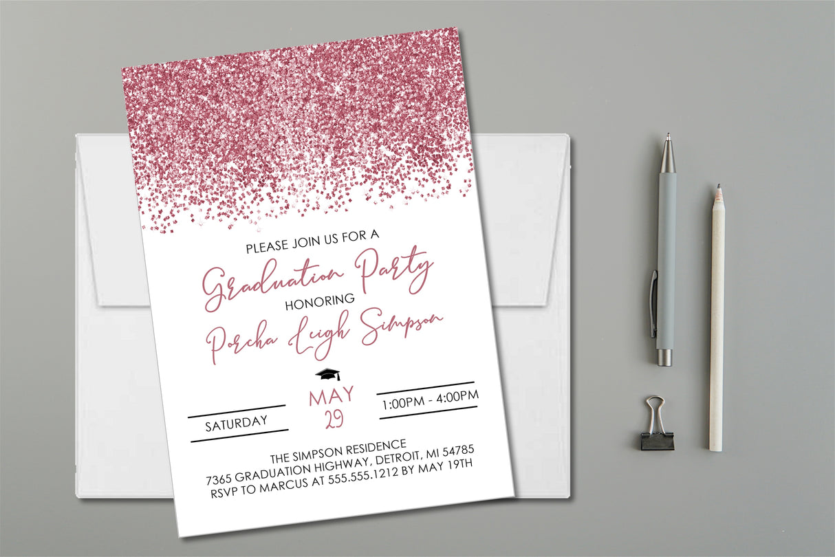 Rose gold confetti graduation party invitation on white background