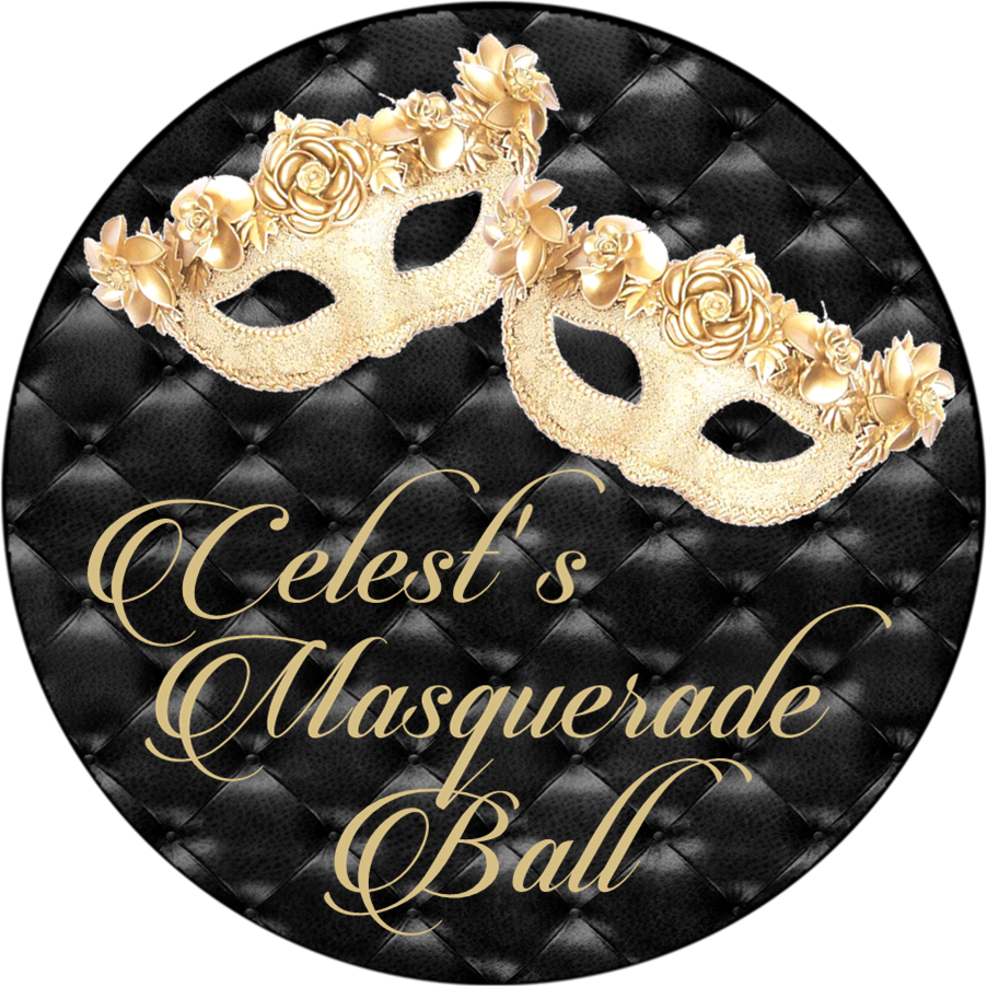 Round masquerade ball party favor sticker in gold and black