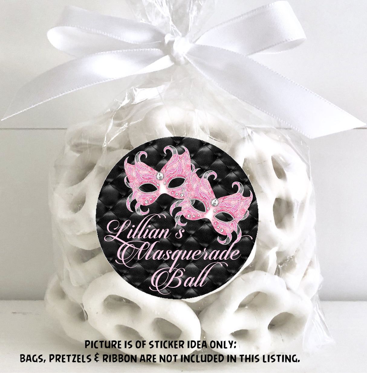 Round pink masquerade ball party favor sticker