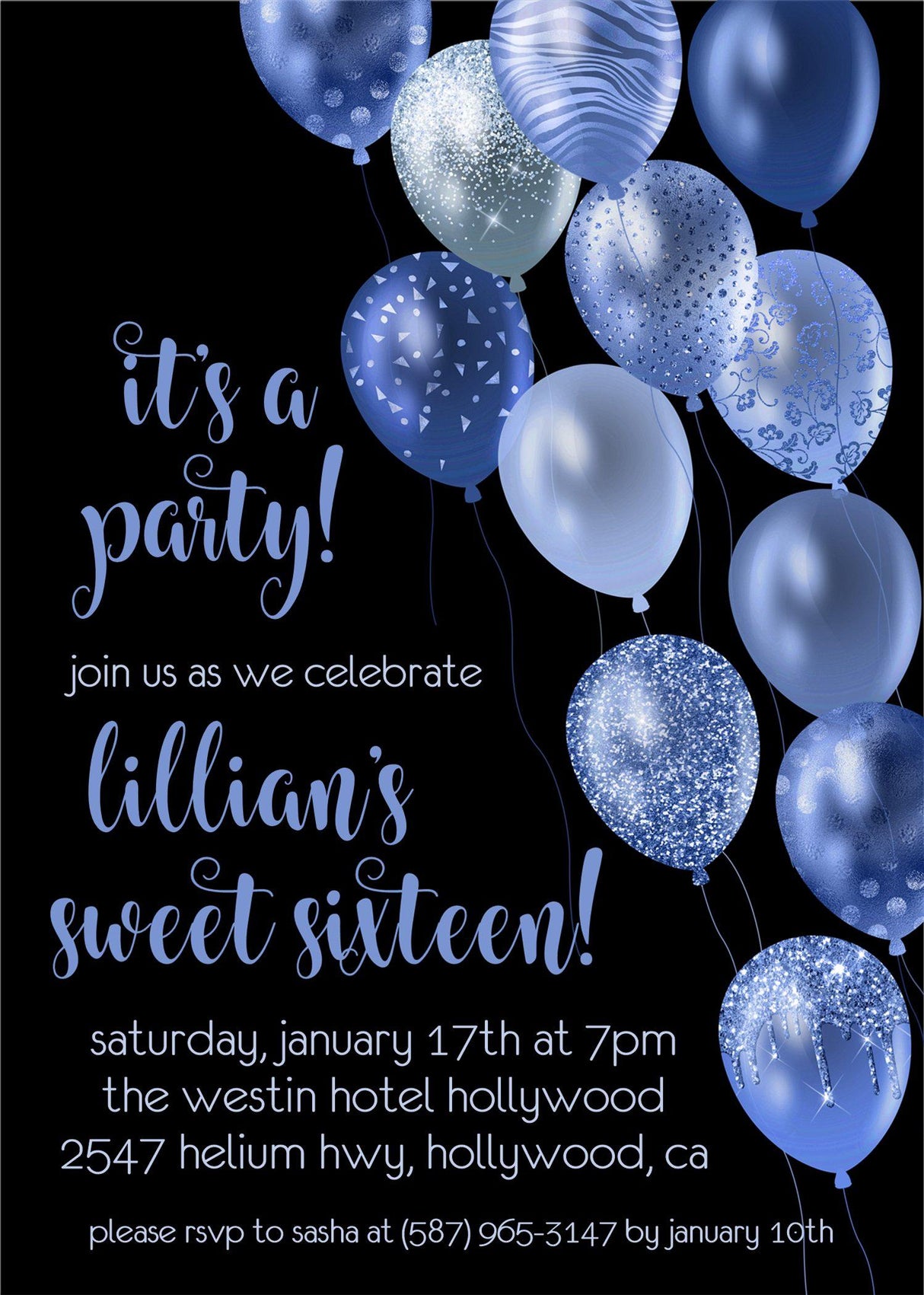 Royal Blue And Black Balloon Sweet 16 Party Invitations