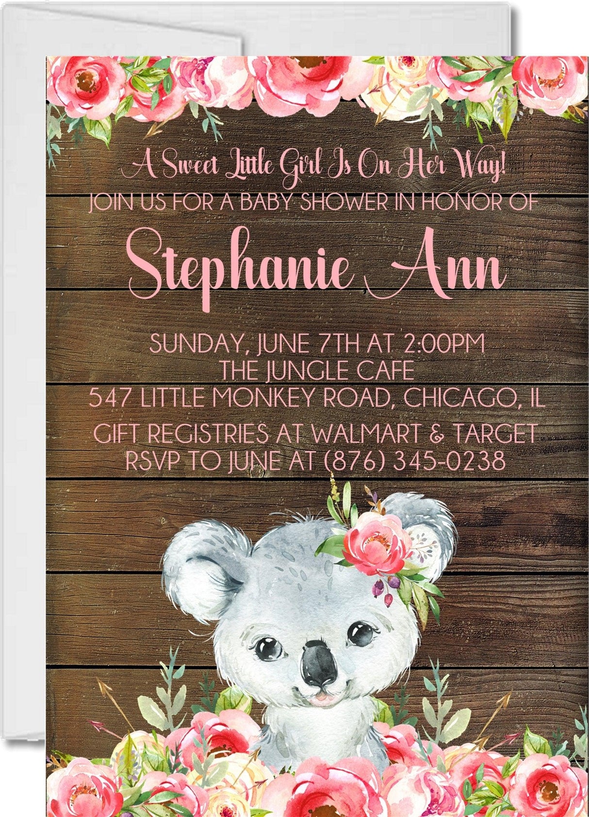 Rustic koala baby shower invitations for girls