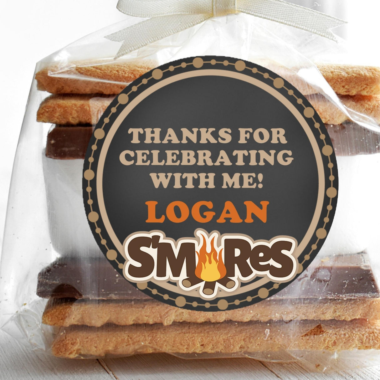 Rustic s’mores birthday sticker with charcoal background and personalized name